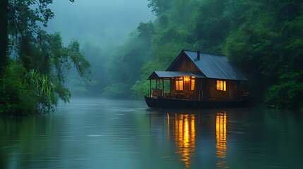Fototapeta premium Serene lakeside houseboat at dusk, illuminated interior, misty river, lush foliage.