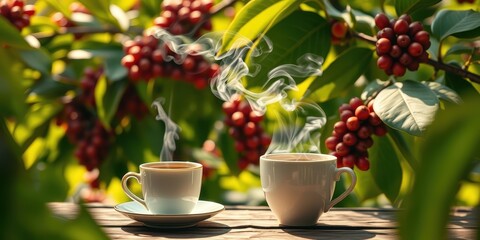 Two steaming cups of coffee on a rustic wooden surface, nestled amidst lush coffee plant foliage with ripe berries
