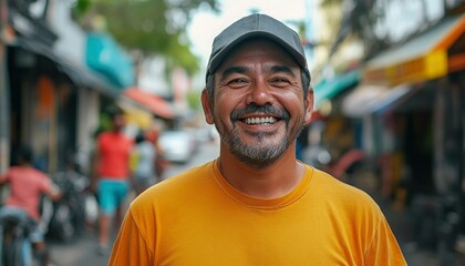 Fototapeta premium Happy Man Wearing A Yellow Shirt Smiles Outdoors