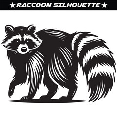 raccoon silhouette black and white vector illustration. Forest animal vector. 