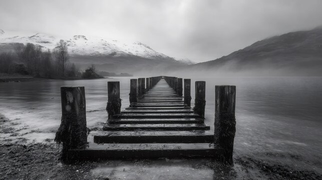 Old wooden pier stretching into misty lake with snowy mountains in scotland