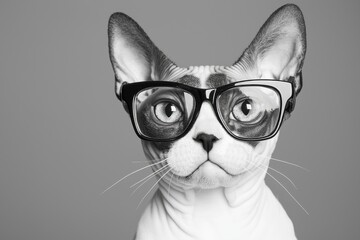 Obraz premium A stylish cat wearing oversized glasses, posing against a simple background, exuding a quirky and playful vibe.