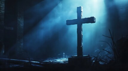 Fototapeta premium Mystical Cross in Dark Cemetery with Atmospheric Lighting Effects