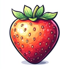 Obraz premium A single, ripe strawberry with green leaves.