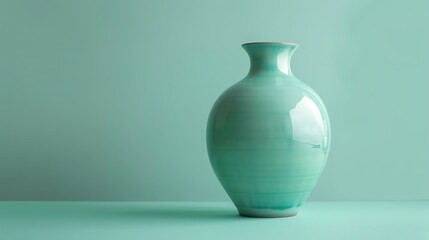 A light blue vase with a smooth, glossy surface stands on a table against a light green background.