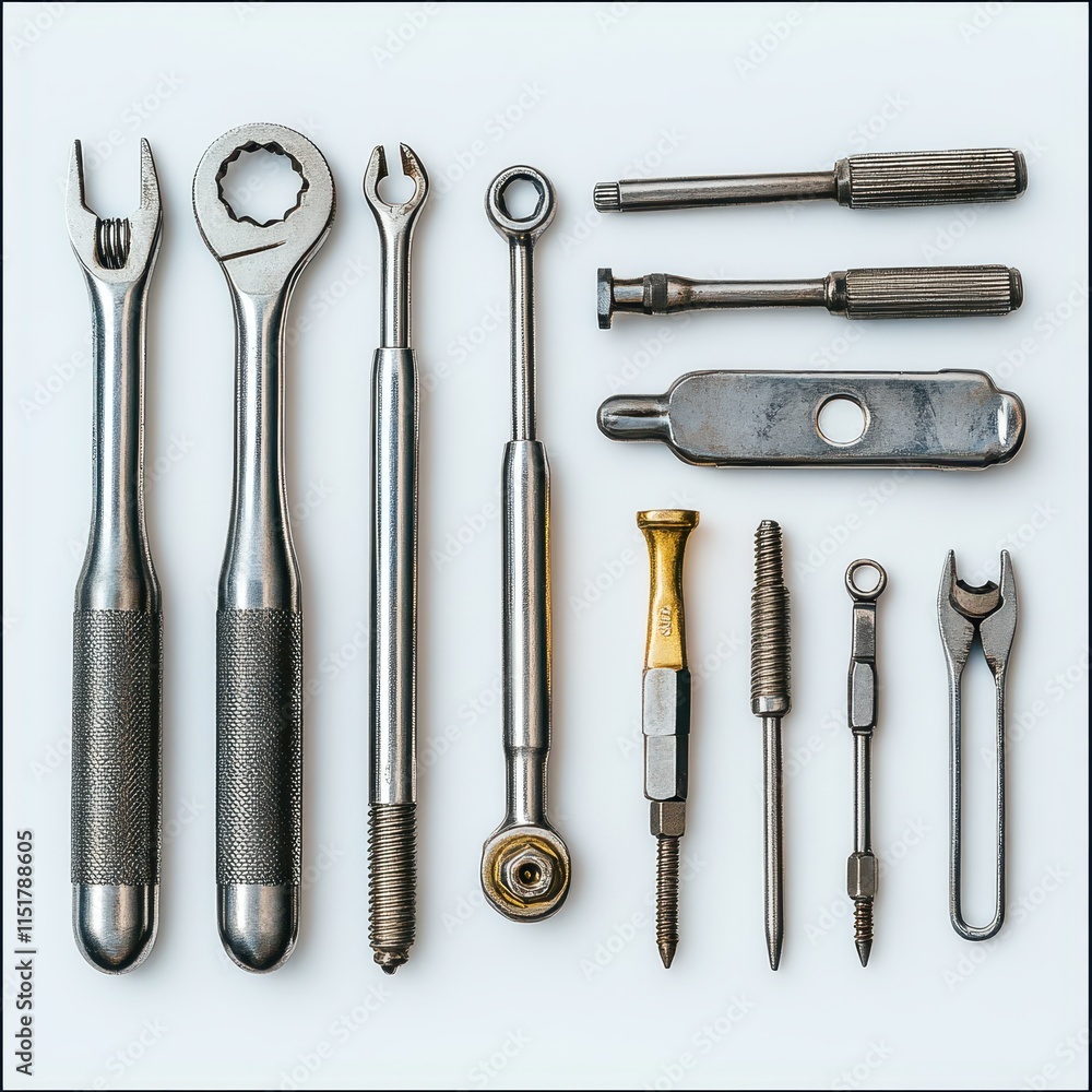 Poster a collection of various metal tools arranged neatly, showcasing different shapes and functions, idea