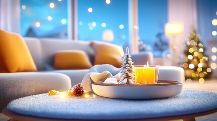 A comfortable, cozy home with a plush sofa, woolen throws, and ambient lighting, ideal for a winter day indoors.