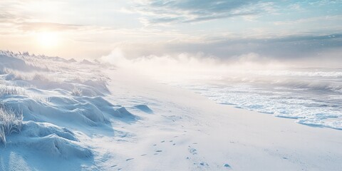 Obraz premium Winter sunrise on coastal beach snowy landscape serene environment tranquil viewpoint nature's beauty