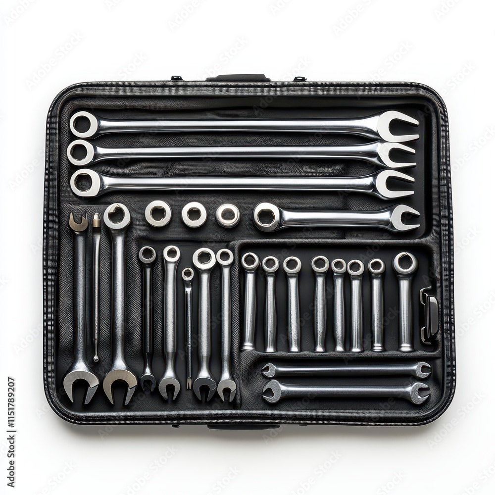 Poster a neatly organized tool kit featuring various wrenches and sockets in a compact case, ideal for mech