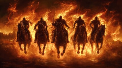 Fototapeta premium Riders Emerge from Flames Against a Dark and Fiery Background