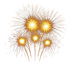 Obraz premium Happy New Year festive celebration party fireworks explosion PNG, cutout isolated on transparent background. Gold yellow colored festive cut out image 300dpi