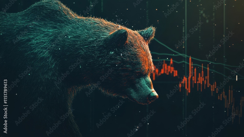 Poster bear portrait with financial graphical background and data analysis