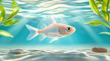 Fototapeta premium A fish moving peacefully through its natural habitat, swimming among plants and rocks in clear waters, reflecting the tranquility of the ocean.