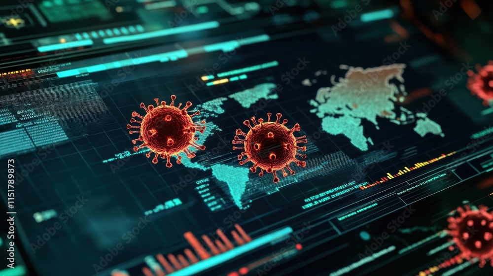 Poster visualization of virus spread on digital interface with world map