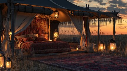 Sunset illuminates a bed in a rustic, outdoor tent.