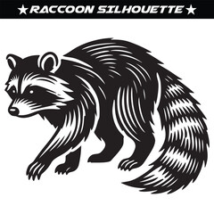 raccoon silhouette black and white vector illustration. Forest animal vector. 