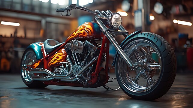 Custom chopper motorcycle with flame paint job in a garage.