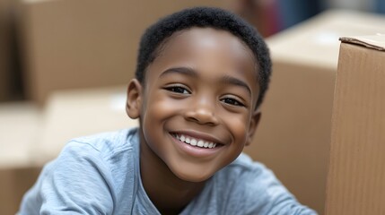 A joyful child smiling amidst cardboard boxes, conveying happiness and playfulness.