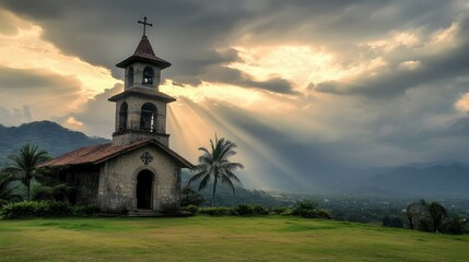 Naklejka premium Stone Church Bell Tower Sunset Mountain Landscape