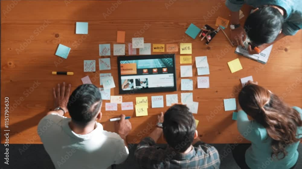 Fototapete top view of business people working together to design web design. aerial view of designer brainstor