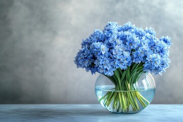 Bouquet of blue hyacinth flowers resting in a glass vase on a table © Lubos Chlubny