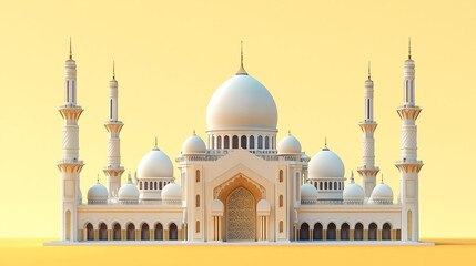 digital rendering showcases a grand white mosque Multiple domes slender minarets and intricate detailing are prominent against a warm sandy backdrop