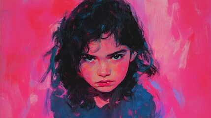 Fototapeta premium Expressive Portrait of a Young Girl with Intense Gaze and Colorful Background