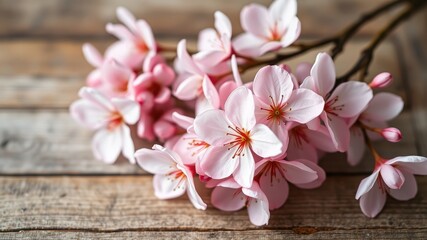 Fototapeta premium Delicate Pink Blossoms Resting on Rustic Wooden Surface