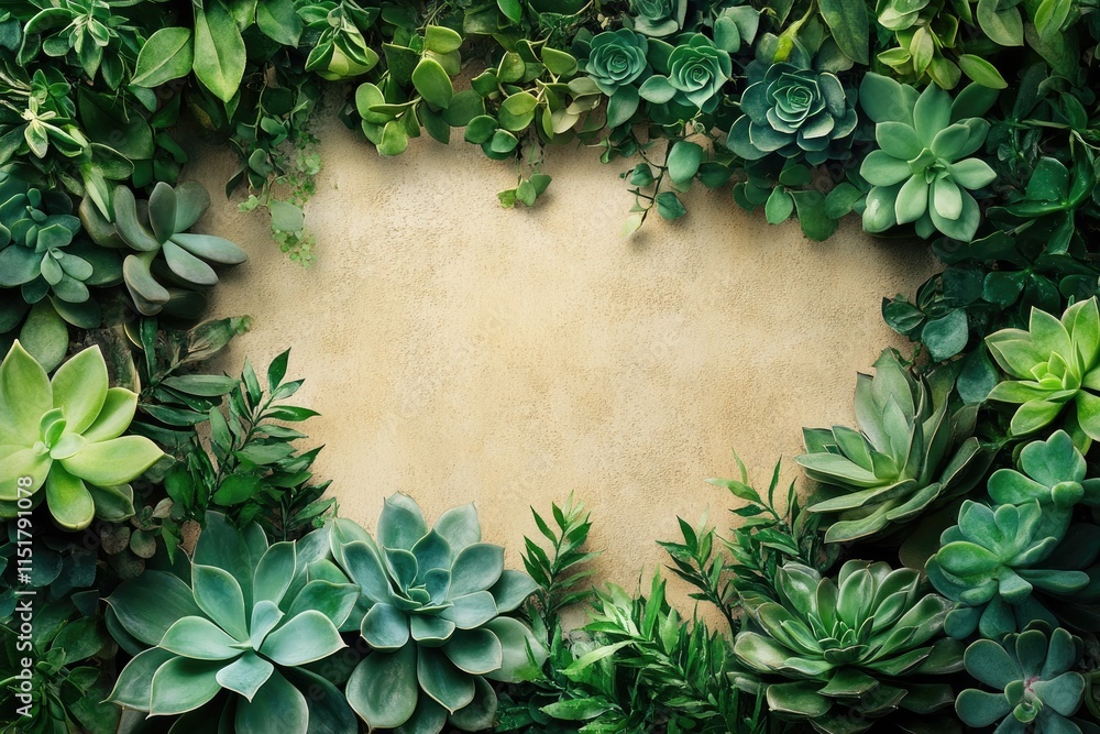 Poster green succulents frame creating empty space on beige background