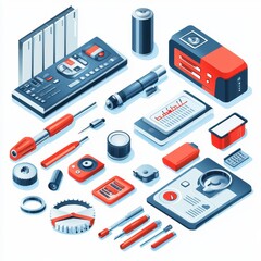 A collection of various tools and equipment, featuring a vibrant design with red and blue accents, ideal for DIY projects and repairs.