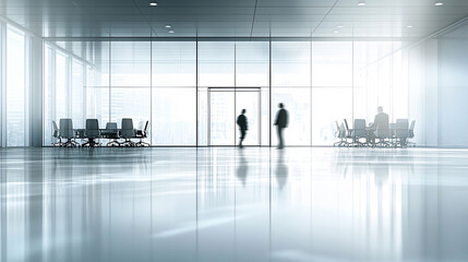 Obraz premium Defocused abstract background featuring a modern meeting room with natural light and a professional team collaborating. Ideal for business and corporate visuals. 