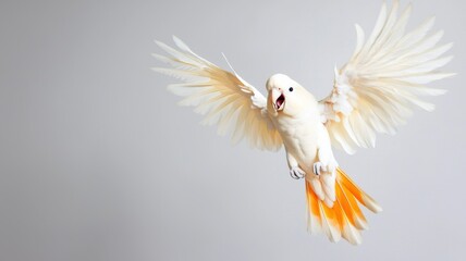 A stunning white bird with vibrant orange tail feathers soars gracefully, showcasing its majestic wings in mid-flight.