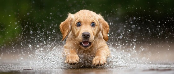 A playful golden puppy splashes through water, showcasing joy and energy in a vibrant outdoor setting.