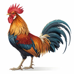 Fototapeta premium Majestic rooster with vibrant feathers standing proud on a white background