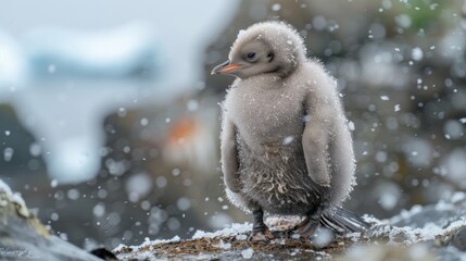 Fluffy penguin chick stands in falling snow on rocks.