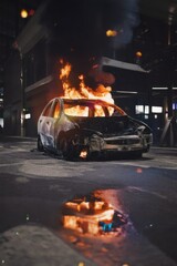 Crashed car burning wreck damage