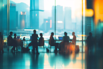 Defocused abstract background featuring a modern meeting room with natural light and a professional team collaborating. Ideal for business and corporate visuals.
