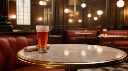 A cozy pub scene featuring a glass of amber beer on a marble table with classic wooden decor and soft lighting.