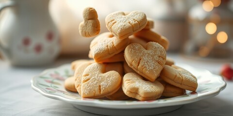 Fototapeta premium A delightful pyramid of heart-shaped cookies, delicately dusted with powdered sugar, rests on an ornate plate.