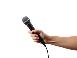 Male hand holding a microphone, isolated on white background