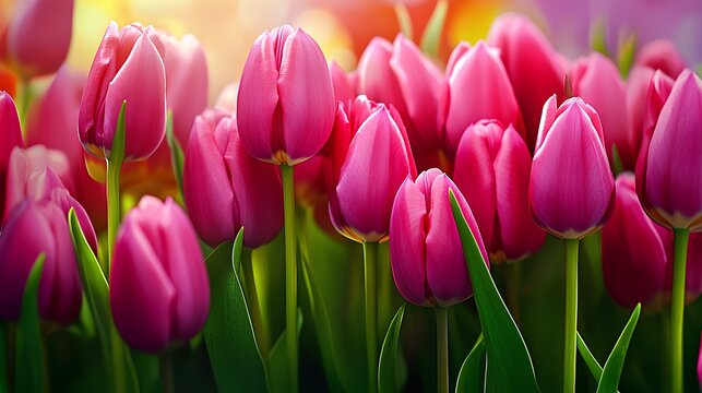 Sunset over a field of pink tulips in spring, creating a colorful floral banner. - Powered by Adobe
