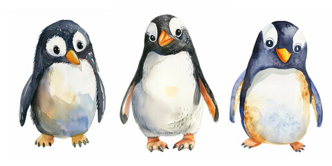 Obraz premium a set of three watercolor drawings of cute penguins on a white background
