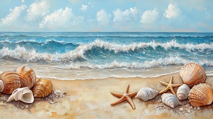 Seashells and starfish scattered on a sandy beach with the ocean in the distance, creating a tranquil coastal scene.