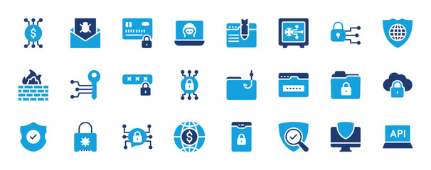 Set of Internet Security icon. Firewall, Security, Encrypted , Search, Secure, Networking, Folder, Webpage, Lock, Cloud, Data Protection, Dollar, Mobile, Monitor, Api, Network vector illustration.