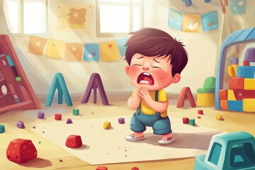 Fototapeta premium Upset Toddler Crying Amidst Scattered Toys in Playroom