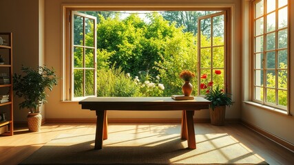 Fototapeta premium Serene Sunlight Illuminates a Tranquil Room with Wooden Table and Lush Greenery Viewed Through Open Windows
