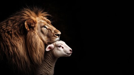 Fototapeta premium Lion and Sheep Side by Side in Contrast of Strength and Innocence