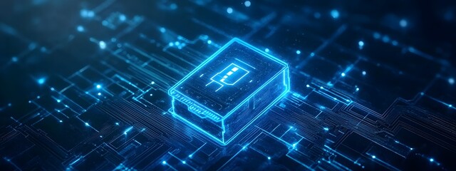 Futuristic illustration of battery technology with digital circuit patterns and a blue glow