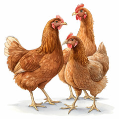 Three brown farm chickens standing together on white background