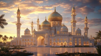 Obraz premium Majestic White Palace with Golden Dome Under Vibrant Sunset Sky